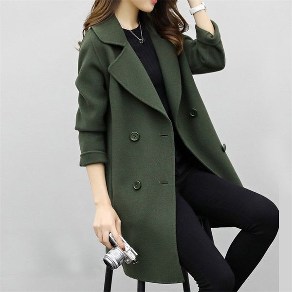 New Wool Blends Donna Autunno Turn Down Collar Capispalla casual Giacche Thin Elegant Ladies Overcoat Trench Coat Plus Size LJ201106