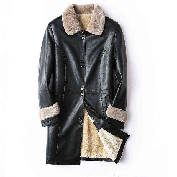 

winter black red leather jacket pu women 2022 new plush warm coat vintage long style jackets faux fur windbreaker outwear wf230 l220728