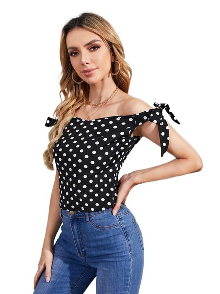 

polka dot print knot side off shoulder b8ax#, White