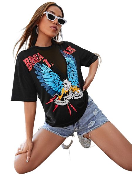 

eagle & letter graphic contrast mesh tee c6rr#, White