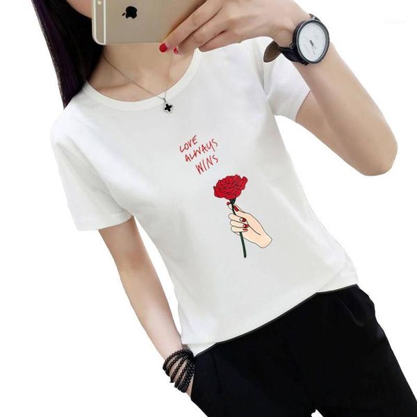 Frauen T-Shirt 2022 Sommer Mode Brief Harajuku Druck Frau Kurzarm College Wind Damen Milch Seide Stoff Rose Blume top