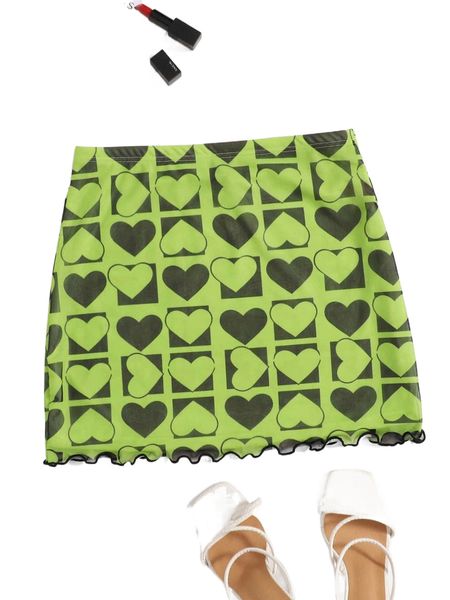 

heart print lettuce trim mesh skirt o186#, Black