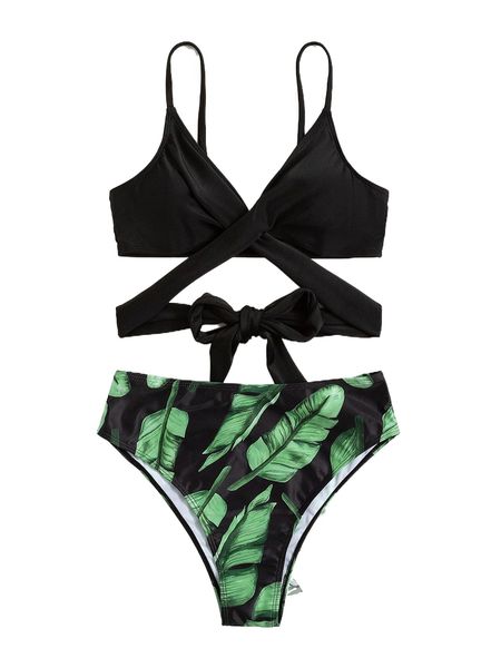 

leaf print wrap bikini swimsuit b4gw#, White;black