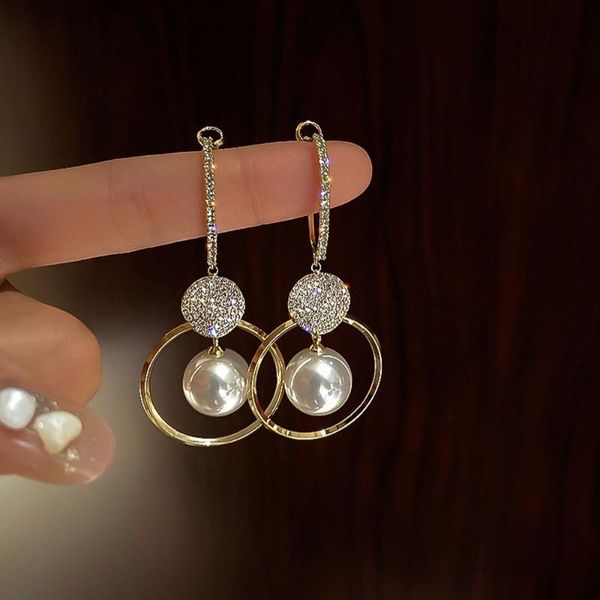 

dangle & chandelier 1pair fashion korean oversized white pearl drop earrings for women bohemian golden round zircon wedding earring jewelry, Silver