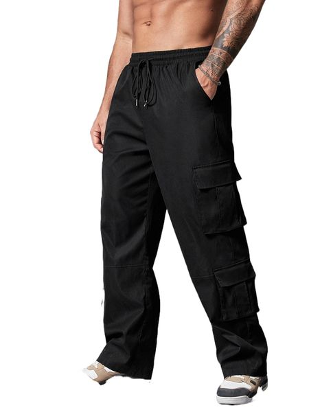 

extended sizes men flap pocket cargo pants k7at#, Black