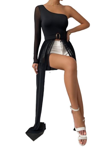 

one shoulder high split cover up n4wc#, White;black