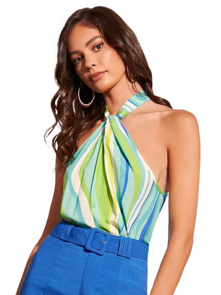 

evolu twist front keyhole back striped print halter a8lm#, White