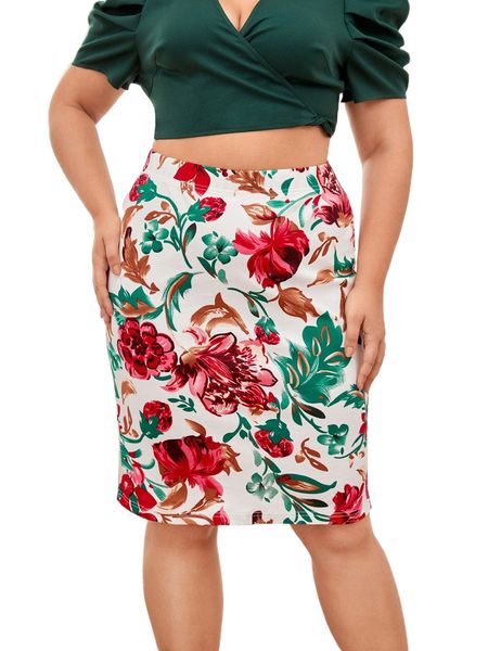 

plus floral print bodycon skirt k2ab#, Black