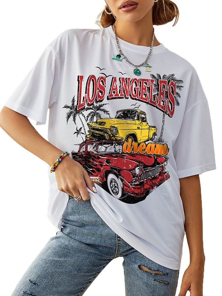 

car and letter graphic drop shoulder oversized tee f59h#, White
