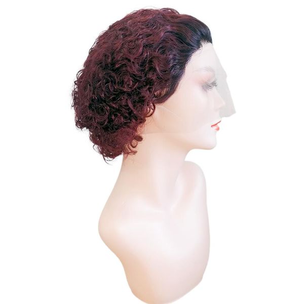 

pixie cut wig short bob curly human hair wigs 13x1 transparent 1b99j burgundy water deep wave lace front wig for women, Black;brown