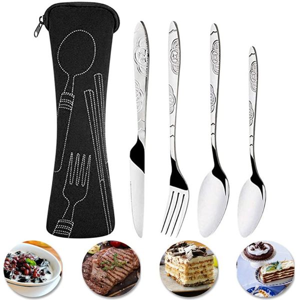 Geschirr-Sets/Set, tragbar, wiederverwendbar, Reisebesteck, Camping-Utensilien mit Edelstahl-Löffel, Gabel, Stäbchen, Western-TablewareSetDinne