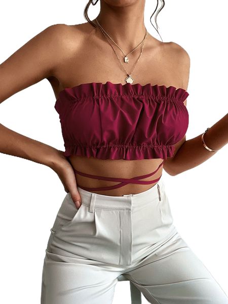 

frill trim ruched lace-up back tube n4nq#, White