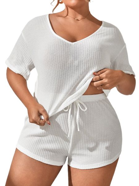 

plus solid texture knot waist pj set f34t#, Black;white