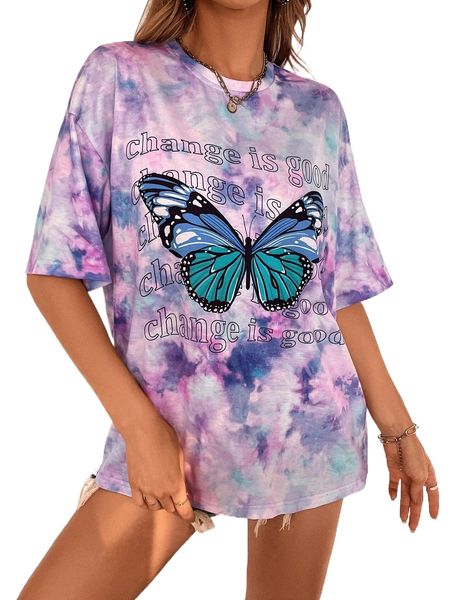 

tie dye butterfly & slogan graphic drop shoulder tee f4xq#, White