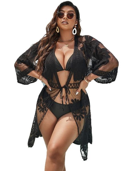 

plus floral embroidery tie front kimono 53yk#, Black;gray
