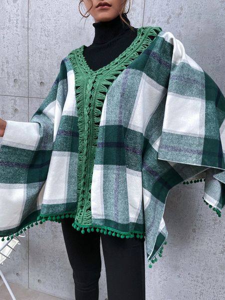 

plaid contrast binding pom-pom trim cover up b1et#, White;black