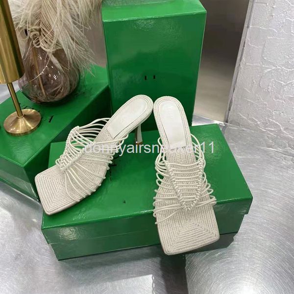 

slippers summer square head fashion high heel thin rubber band woven roman style open toe women's slippers, Black