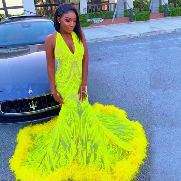 

stunning sequined prom dresses halter feather hem evening party gown yellow mermaid female sepcail occasion dress, Black