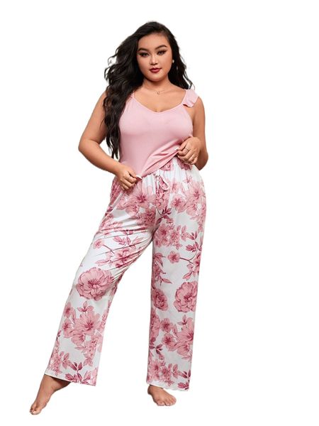 

plus ruffle trim & floral print pants pj set h60t#, Black;white