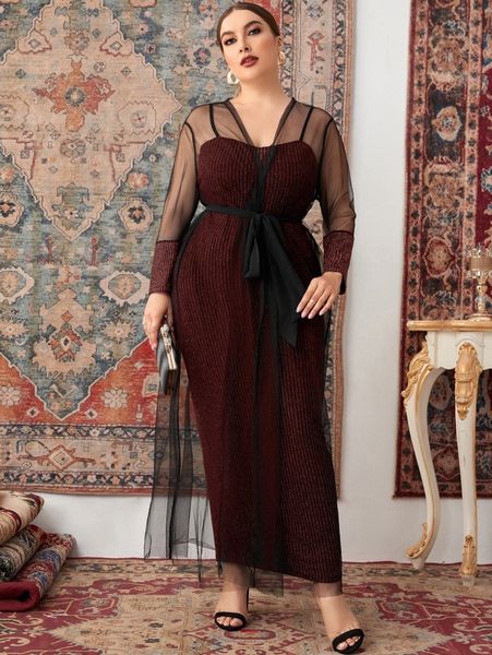 

plus contrast mesh belted chiffon dress v5zw#, Black