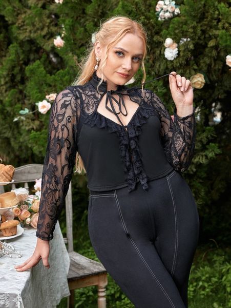 

plus lace panel ruffle trim tie neck without bra n6zq#, Black