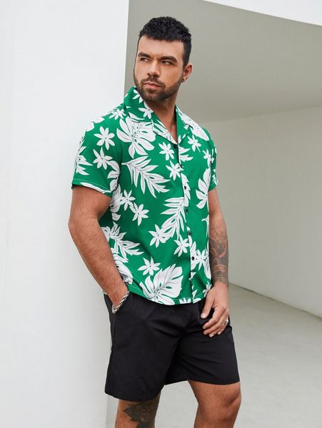 

extended sizes men tropical print shirt & shorts y3zw#, Gray