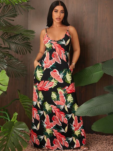 

sxy tropical print cami dress u5om#, Black;gray