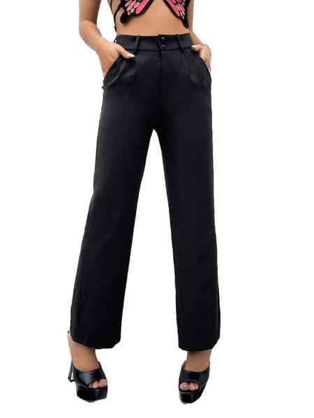 

petite solid button front pants o3ra#, Black;white