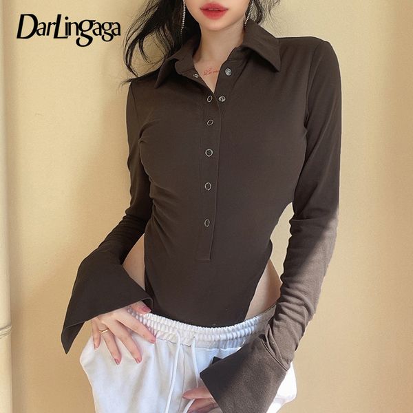 

harajuku brown turn down collar long sleeve bodysuit women casual solid bodycon autumn body buttons jumpsuit new, Black;white