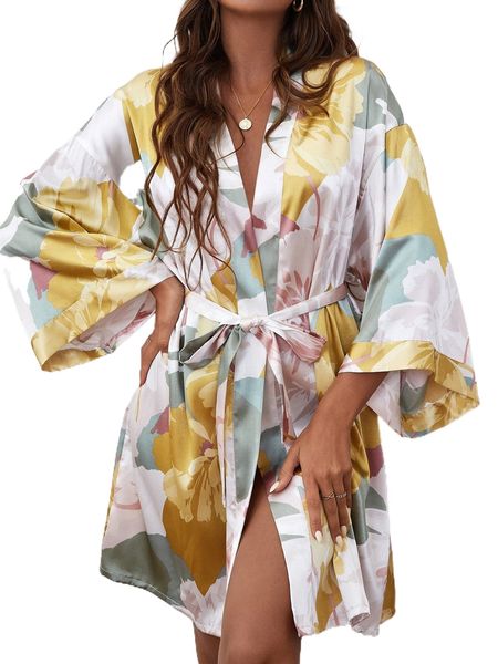 

floral print drop shoulder belted satin robe without lingerie y1gs#, Black;red