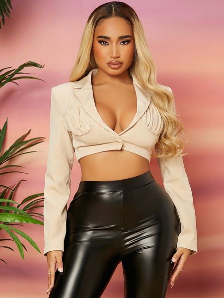

sxy lapel collar ruched bust crop blazer o1kw#, White