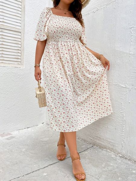 

plus ditsy floral shirred square neck flutter sleeve dress e86t#, Black