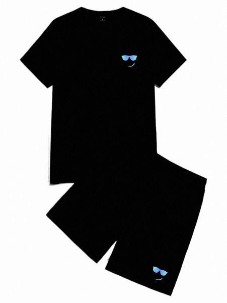 

men reflective cartoon graphic tee & drawstring waist shorts c8xz#, Gray