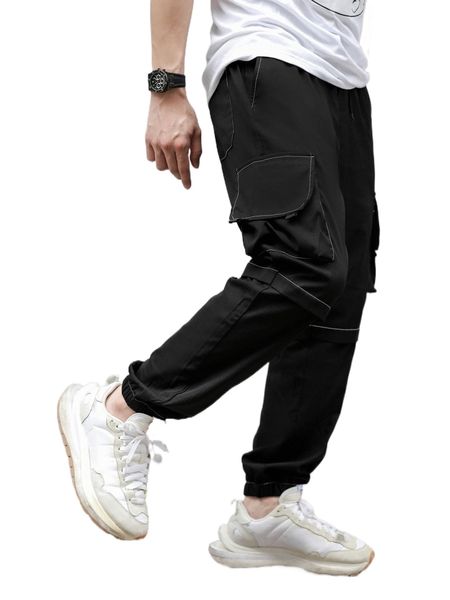 

men flap pocket side cargo pants i3tn#, Black