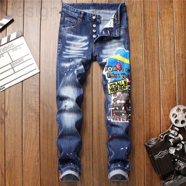 

men's jeans designer spring and summer new ragged paint splashing men's slim fitting embroidery elastic jeans blue painted graffit