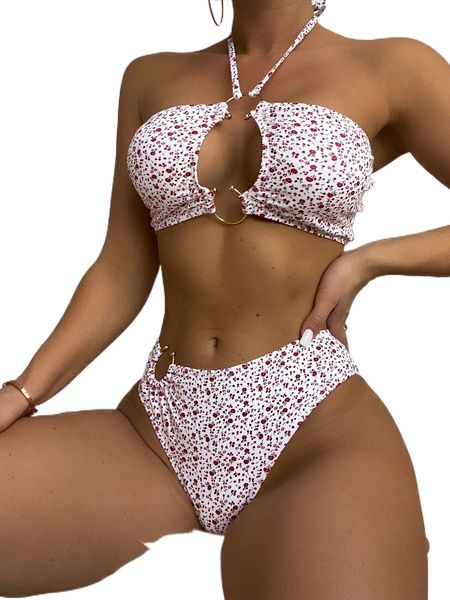 

ditsy floral print ring linked bikini swimsuit i6gu#, White;black