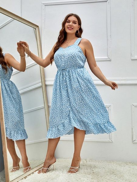 

plus dalmatian print knot front split ruffle hem dress 53cc#, Black