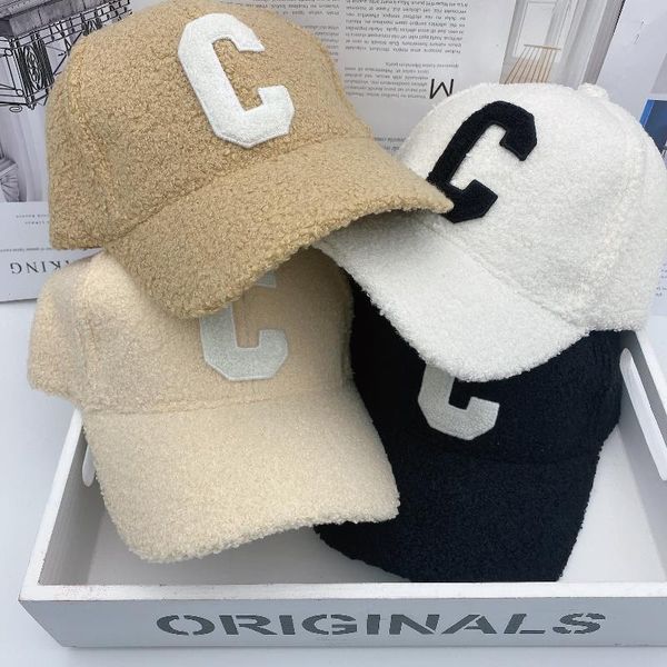 

ladies autumn and winter lamb fur caps brand c letter embroidery warm baseball cap outdoor street fashion wild hat, Blue;gray