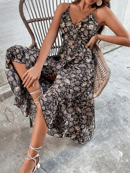 

floral & paisley print ruffle trim wrap knot side cami dress c0qi#, Black;gray