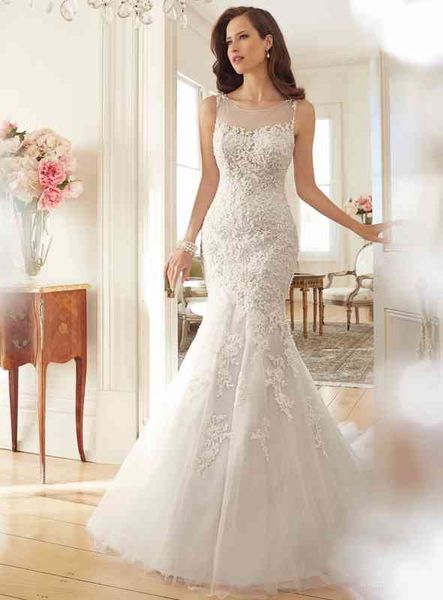 

ball gown wedding dresses high round neck fishtail slim fit hip lace, White