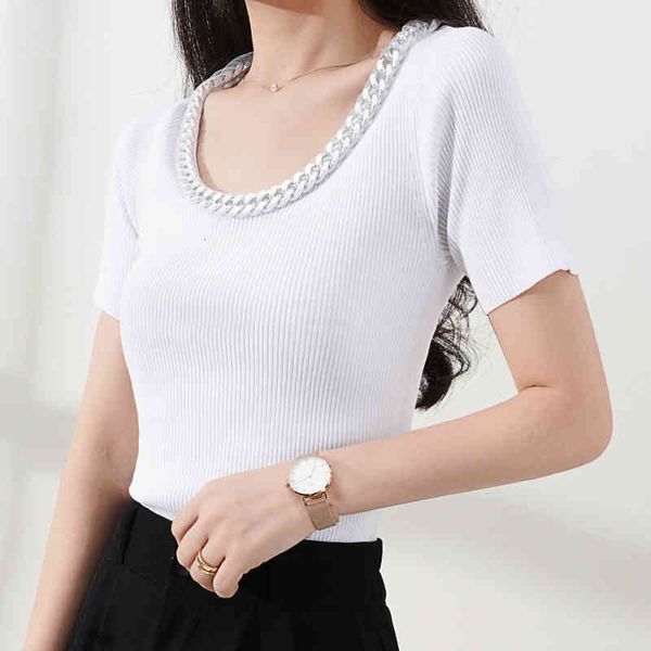 

women's t-shirt summer korean version of xiaoxiangfeng chain mesh t-shirt ins white thin short sleeve knitted women 95n2