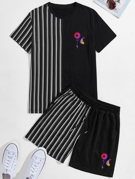 

romwe guys striped floral graphic tee & drawstring shorts y6wf#, Gray