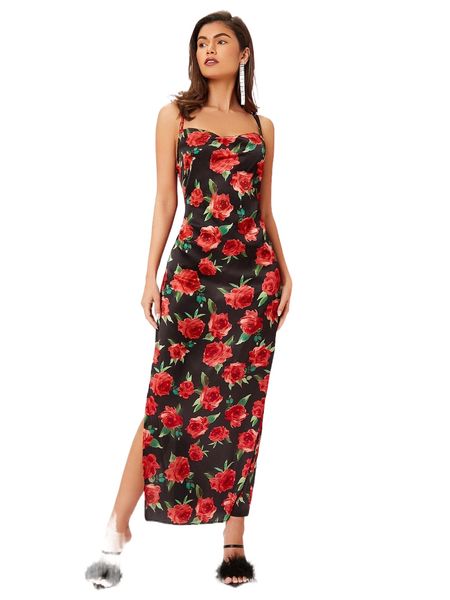 

floral print criss cross backless split thigh satin cami dress 94el#, Black;gray