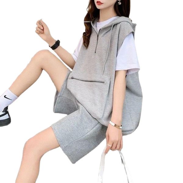 

women's tracksuits fashion loose clothing 2021 sleeveless vest hooded suit summer tracksuit women shorts two piece set e63e#, Gray