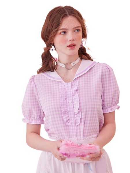 

kawaii gingham sailor collar frill button front blouse i9bh#, White