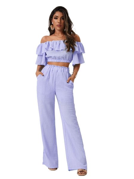

off shoulder crop & paperbag waist pants set l9vz#, White