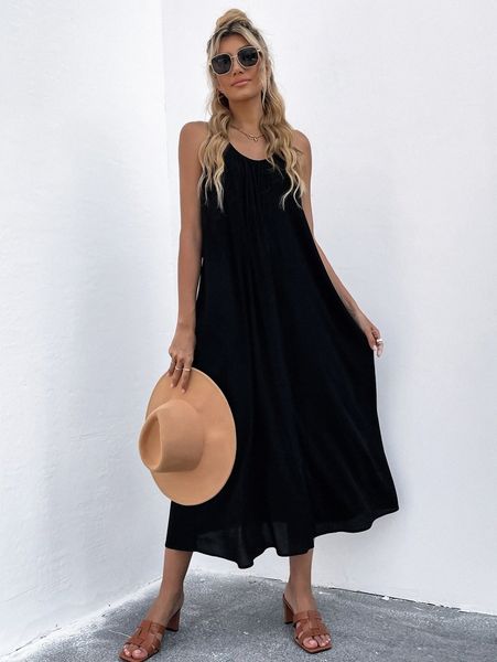 

tie back hidden pocket cami dress t837#, Black;gray