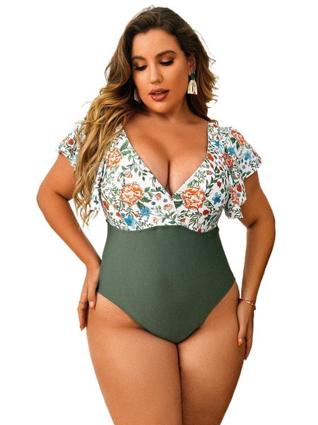 

plus floral print butterfly sleeve one piece swimsuit j9lf#, White;black