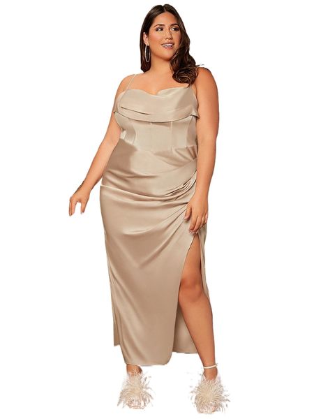 

plus draped split thigh cami satin bridesmaid dress x1q5#, Black