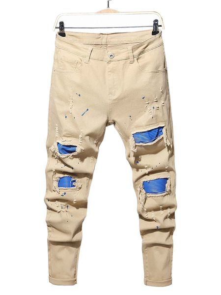 

men rag stitching ripped frayed splash ink skinny jeans o385#, Blue